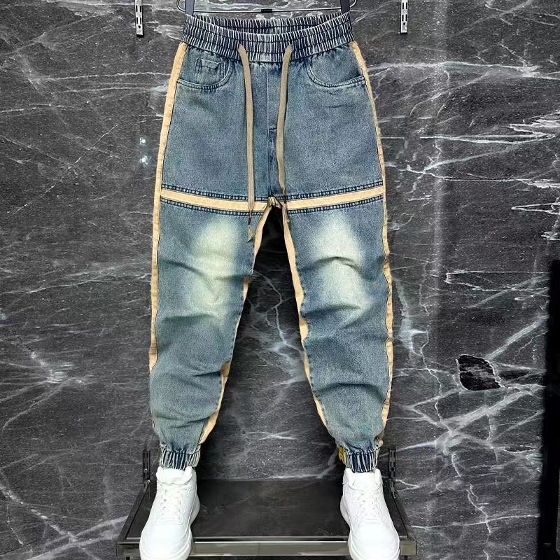 남성용 워싱 블루 데님 바지, 하렘 바지, 스플라이스  - Streetwear Brand Clothing 리뷰 및 가격