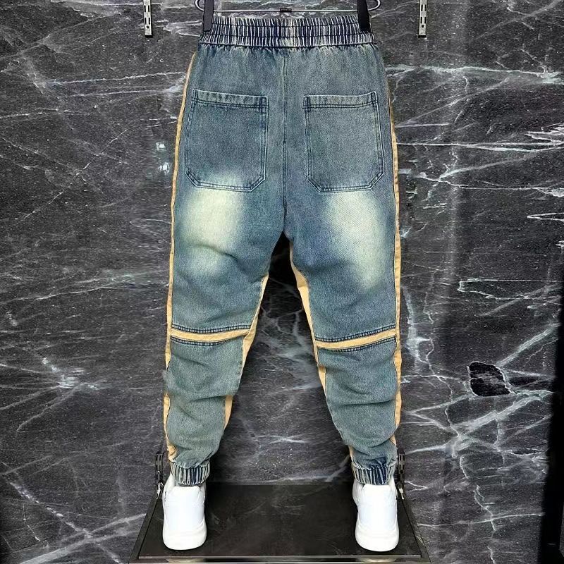 남성용 워싱 블루 데님 바지, 하렘 바지, 스플라이스  - Streetwear Brand Clothing 리뷰 및 가격